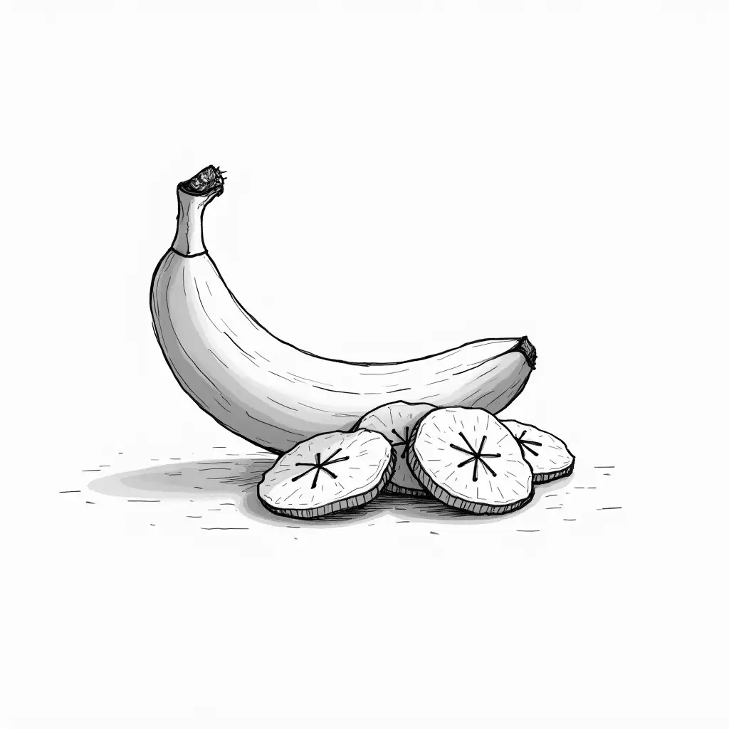 Chips slices coming from the raw banana.  Lines sketch with black and white needed