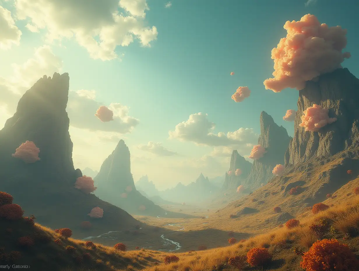 A surreal and fantastic world in 4k with floating objects and beings above a dreamlike landscape. A surreal and fantastic world with floating objects and creatures above a dreamlike landscape