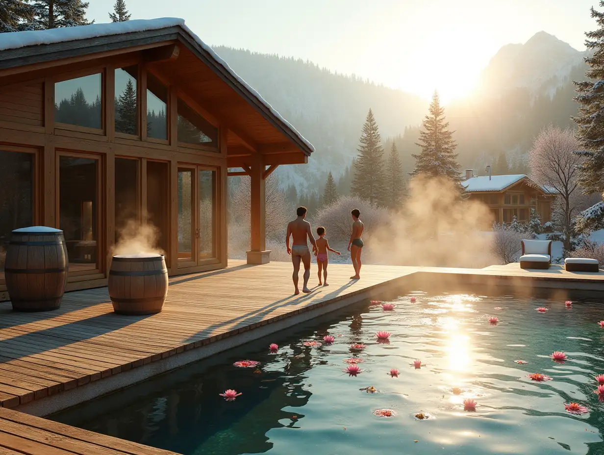 a chalet-style house made of a wooden support system, all the walls of which are made of glass and these are panoramic windows from floor to roof, and on the wooden terrace in front of this house there are people in swimming trunks and steam comes from them as in cold weather and there is also a large barrel in the form of a semi-barrel from which steam comes in which one of the people dips, in front of the house there is a wooden terrace from which you can dive into a pond with crystal clear water with pink water lilies and this pond of natural shape,  on the other side of this pond, there is a simple one more chalet house with panoramic windows in all walls from floor to roof, that is, each wall is a panoramic window, everything else around the pond is a minimalist landscape design, a sunset sunny day and a lot of sunset sunlight, the foreground is in focus, and the background is blurred