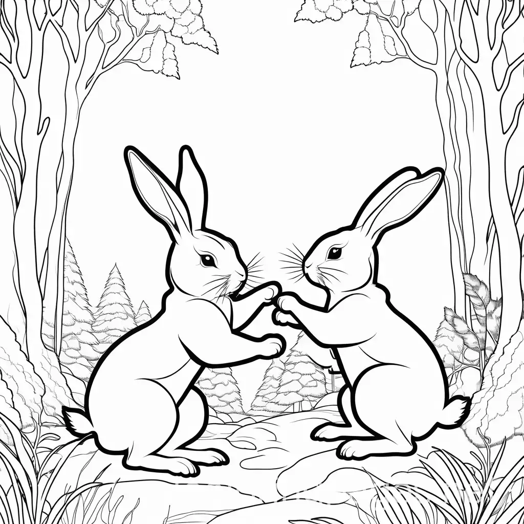 two rabbits fighting in the woods, Coloring Page, black and white, line art, white background, Simplicity, Ample White Space