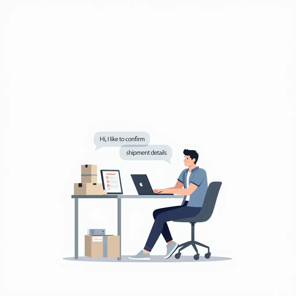 A modern flat illustration of a person sitting at a desk, actively chatting with their product supplier through a laptop. The laptop screen shows a chat interface with message bubbles, one of which says “Hi, I’d like to confirm the shipment details.” The setting includes business elements like a shipping box, clipboard, and product samples on the table. The person is casually dressed, appearing engaged and professional. Clean background, light colors, minimalistic design. High-resolution PNG with transparent background