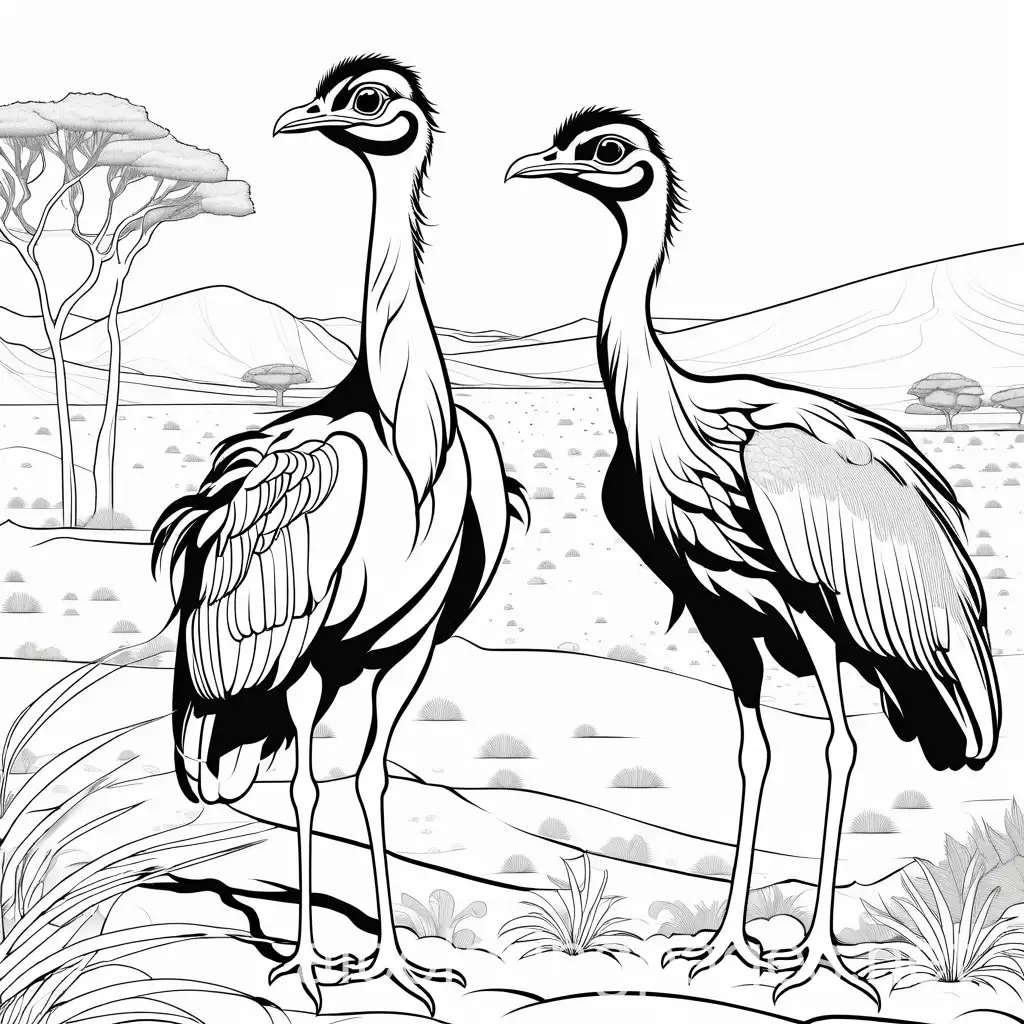 Savannah-Coloring-Page-Ostriches-and-Secretary-Bird