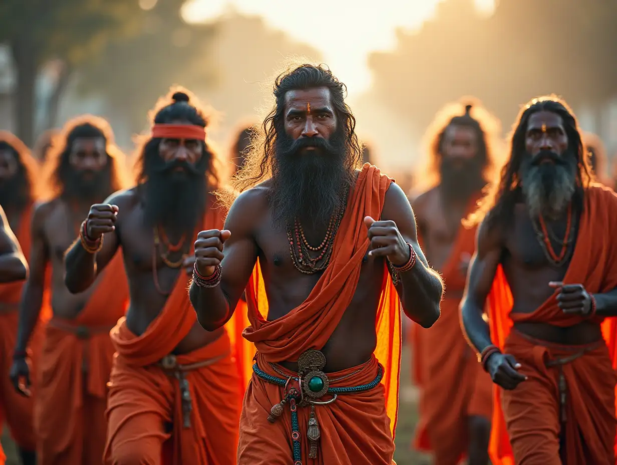 A powerful image of Naga Sadhus standing in a spiritual battle stance, symbolizing their warrior-like devotion to Lord Shiva.