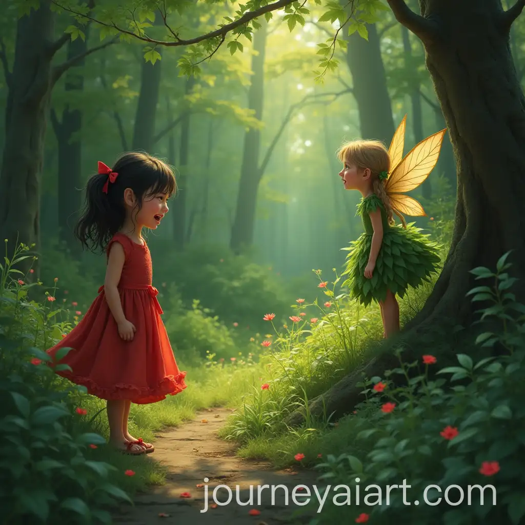 Little-Girl-Crying-in-an-Enchanted-Forest-with-Fairy-Watching-from-Afar