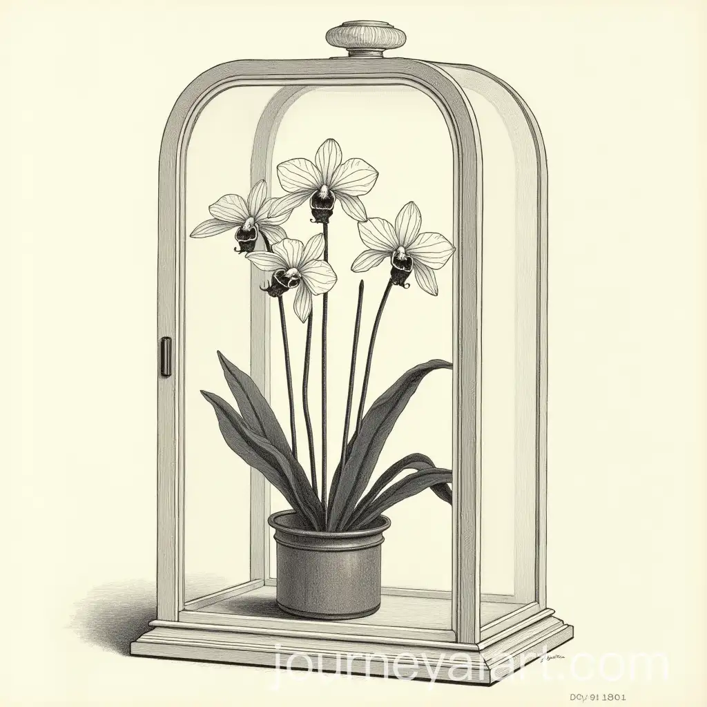 1800s-HandDrawn-Illustration-of-Glass-Wardian-Case-with-Orchids