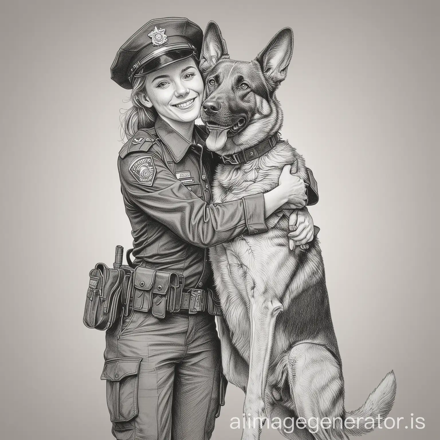 Create a line drawing of a policewoman giving hug to her police dog