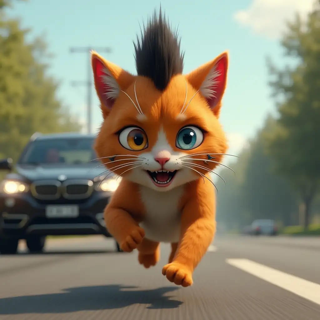 A big ginger cat with a black mohawk, one eye blue, the other yellow, scars on its face, an earring in its ear, runs scared along the road, with a black BMW SUV chasing after it, style of computer graphics