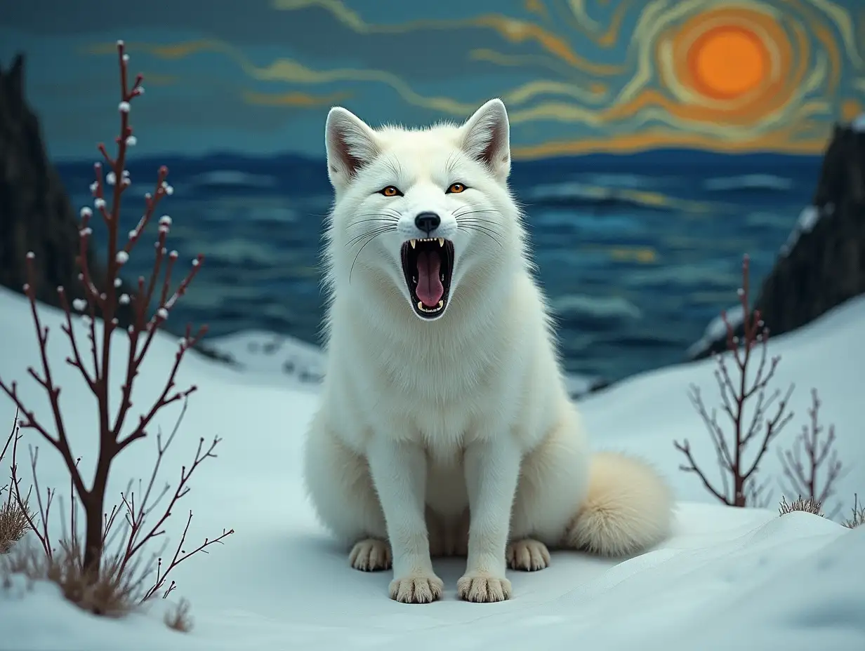 Everything like in Munch's 'The Scream', but instead of a human screaming, a white arctic fox with its hands on its head