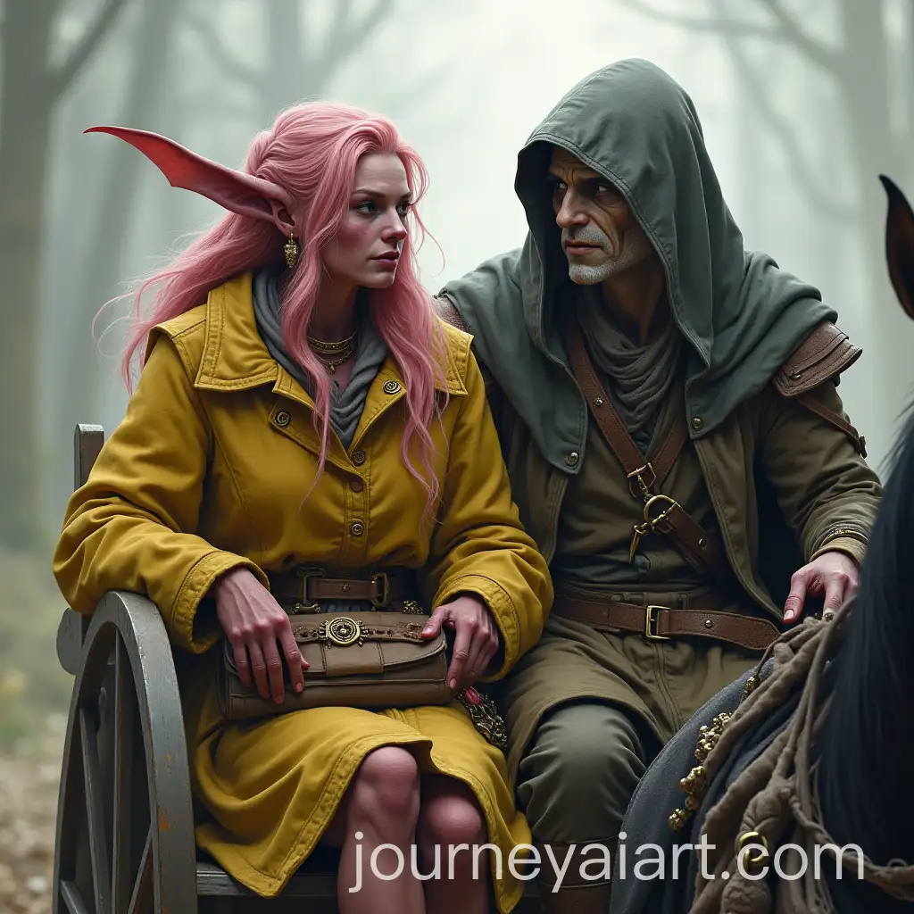 Pink-Skinned-Tiefling-and-Pale-Elven-Man-Conversing-on-HorseDrawn-Cart