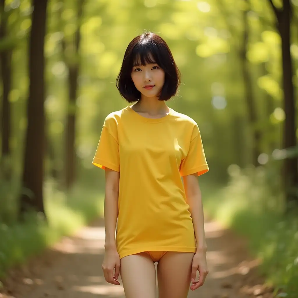 Beautiful-Chinese-Girl-in-Yellow-TShirt-Posing-in-Sunny-Forest