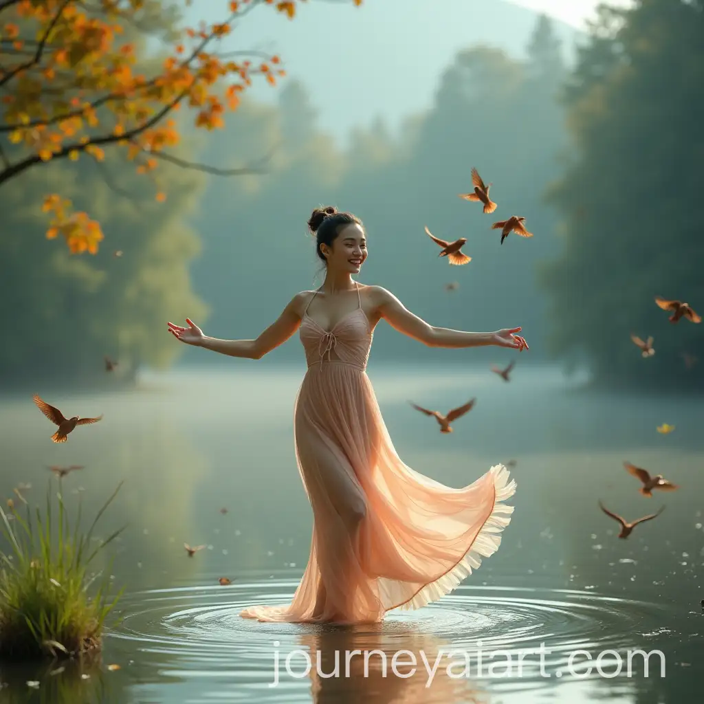 Graceful-Chinese-Woman-Dancing-by-Forest-Lake-with-Colorful-Birds