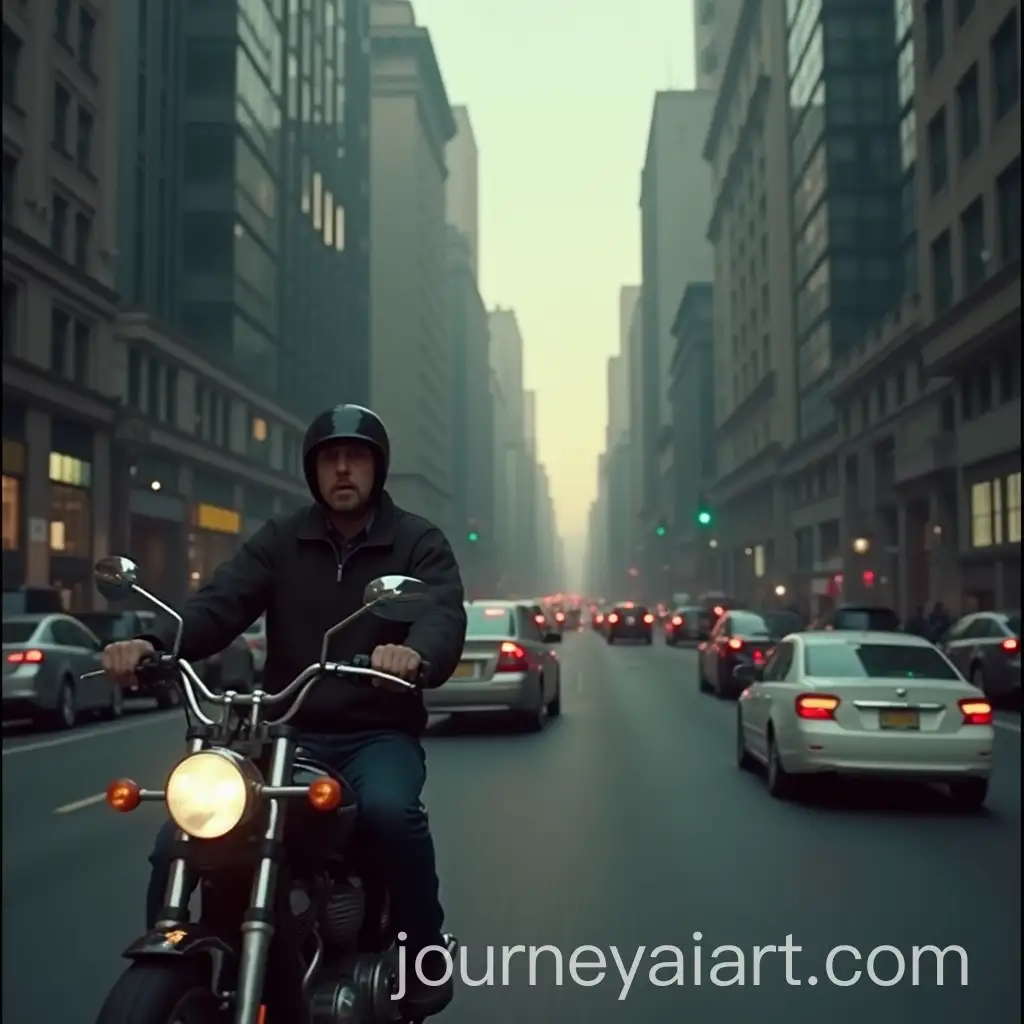 Melancholic-Cityscape-Motorcycle-Ride-Amidst-Urban-Chaos