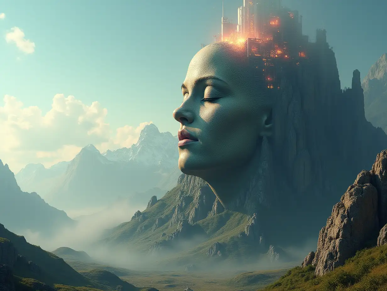 Create for me a photorealistic image of Paradise, face transformed into a building on a high mountain on another planet with an alien