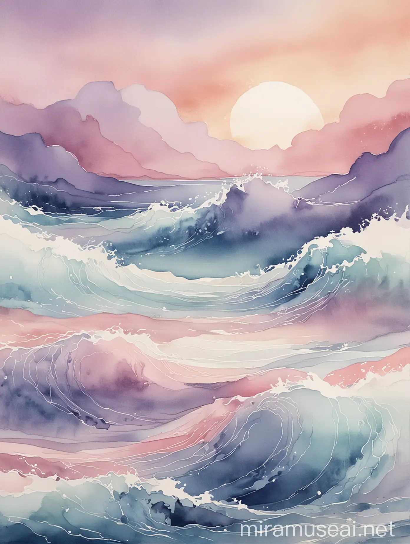 Abstract Watercolor Painting Serene Ocean Waves and Sunset Gradients