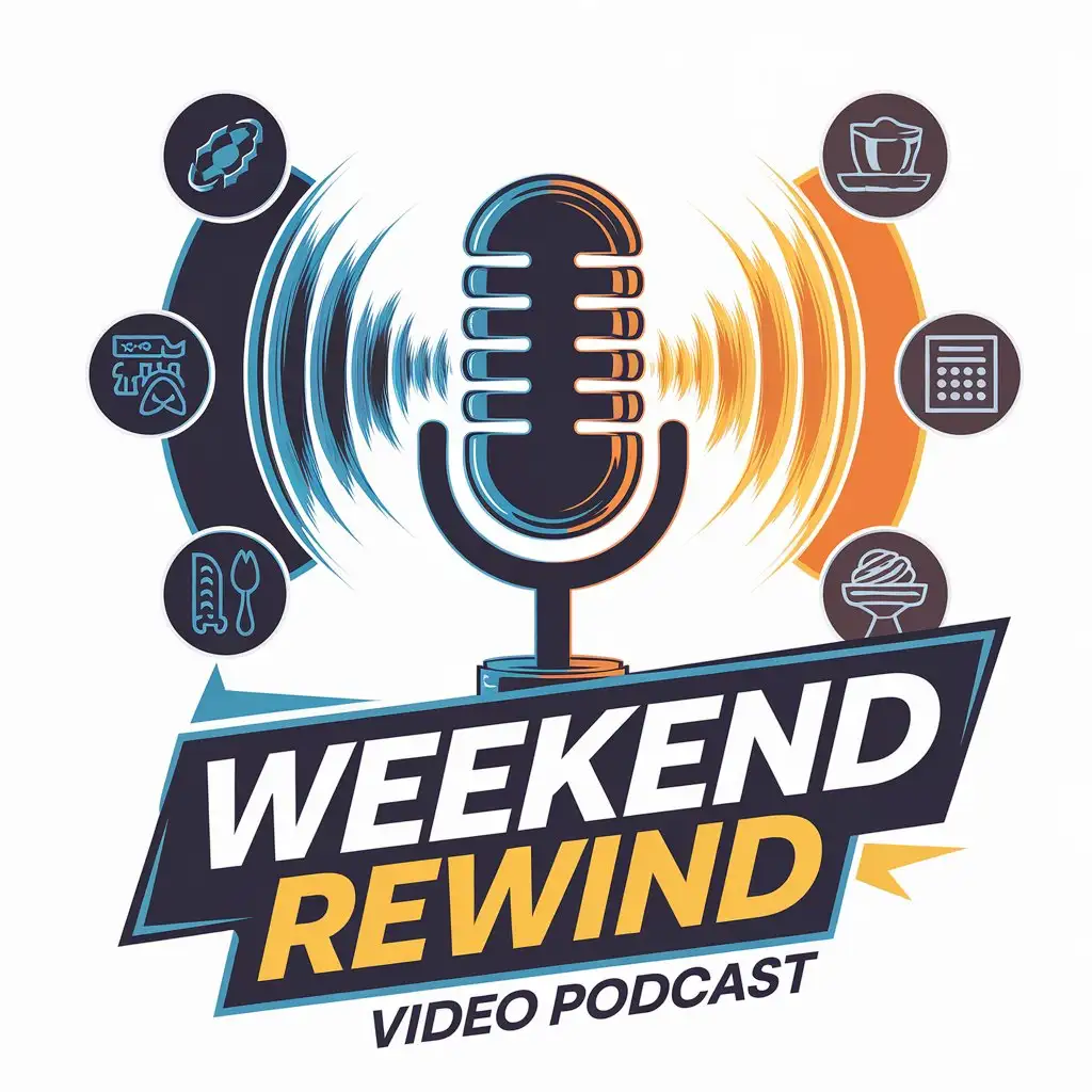 LOGO Design for Weekend Rewind Bold Microphone Sound Waves Vibrant Icons Representing Weekend Discussions