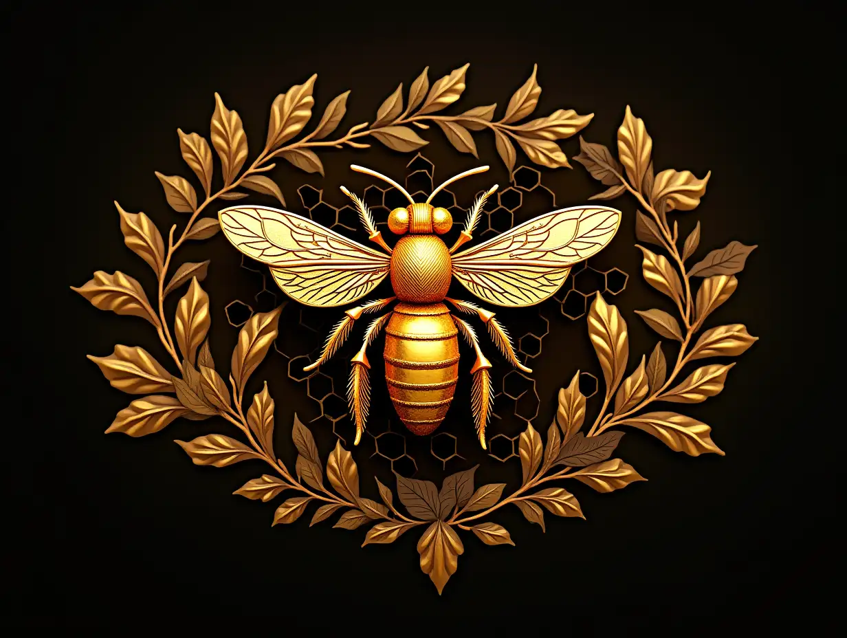 Create an image of a golden bee with intricate wings resting on a honeycomb. Surround the bee with luxurious golden flowers and leaves. The background should be a dark, contrasting color to highlight the golden elements. The overall style should be elegant and detailed, with a focus on the rich textures and ornate design of the bee, honeycomb, and flowers.