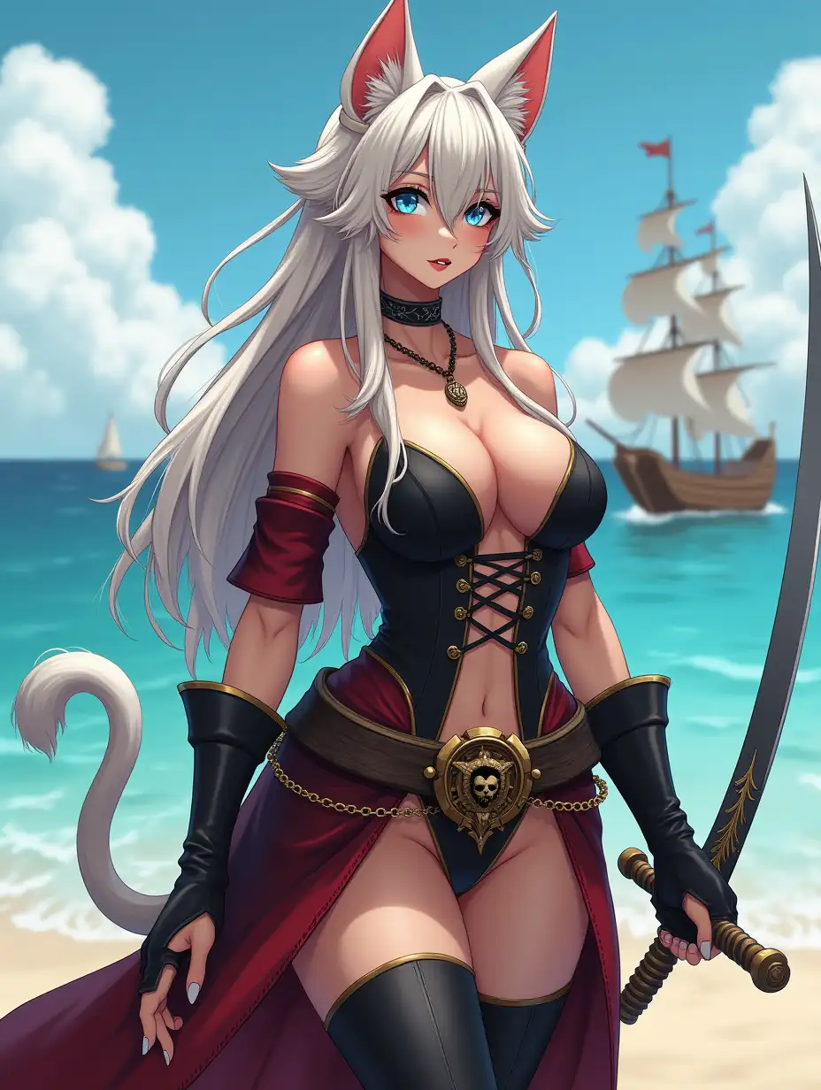 A mature adult feline/woman dressed as a pirate with a sword on a beach.  A pirate ship in the background. Her 30-something years are disguised by her youthful facial features, except for her subtle wrinkles around the eyes, extremely slender body. Her ample bosom strains against her clothing, threatening to burst free from the fabric, extreme cleavage.  Wearing black thigh high pirate boots. She has piercing blue cat eyes. A choker adorns her neck, a subtle hint at her feline nature. Her long, white hair cascades down her back like a wild waterfall, tangled and disheveled. Her cat-like teeth glint in the light, as her white fur-lined ears punctuate her visage with sparkling black and gold earring adorns each ear, adding a touch of elegance to her feline features. Cat whiskers on her face. The attached tail at the base of her spine stirs lazily.  Long fingernails. Full body view. Anime.