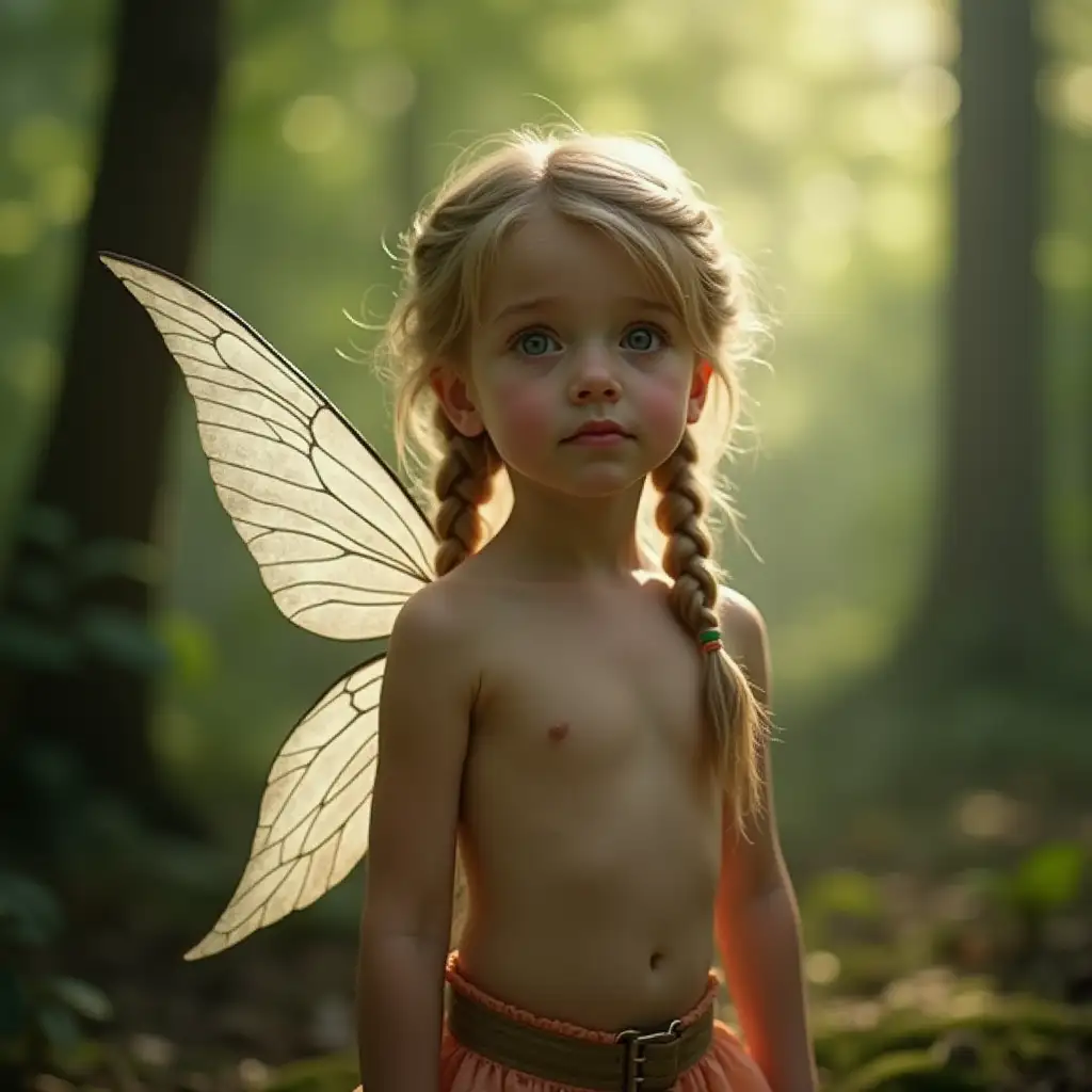 Whole body visible photograph of a young pixie girl with braided hair and translucent wings no-shirt in the forest