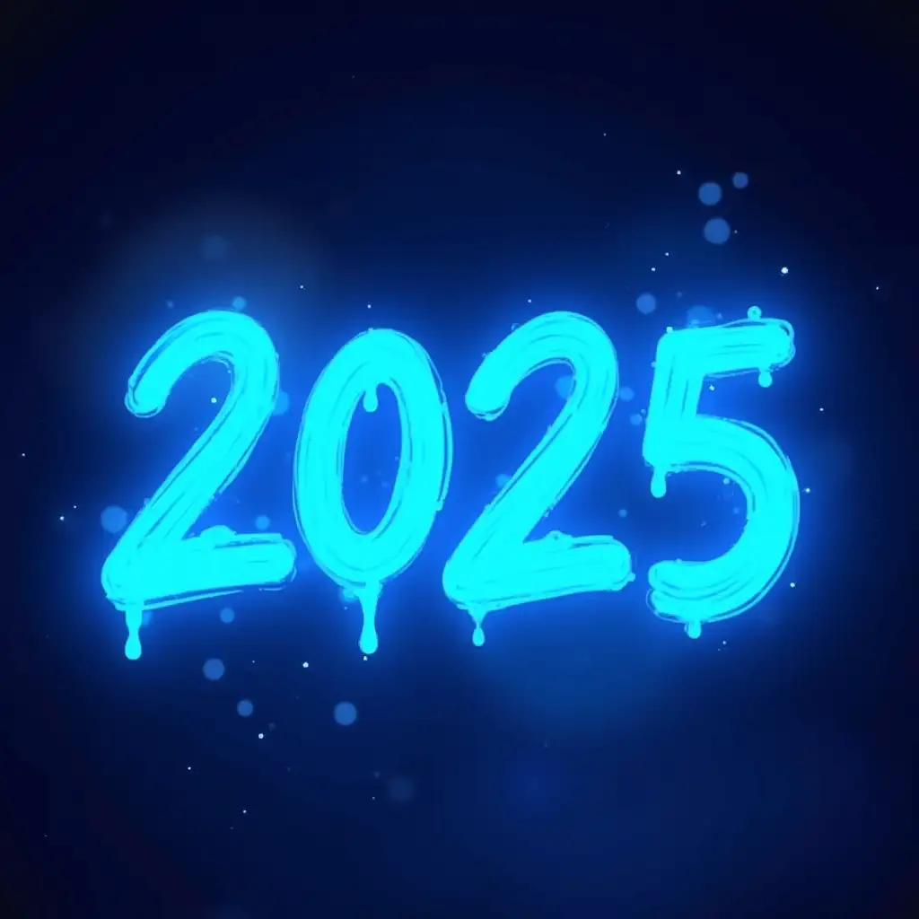 Text '2025' in watercolor brush, bright neon blue color with drips resembling a brushstroke effect. The background is dark with gradient glows, creating a sense of depth. The letters are 3D, with soft highlights smoothly transitioning into effects that look like liquid or glass. The atmosphere is futuristic, slightly resembling neon signs.