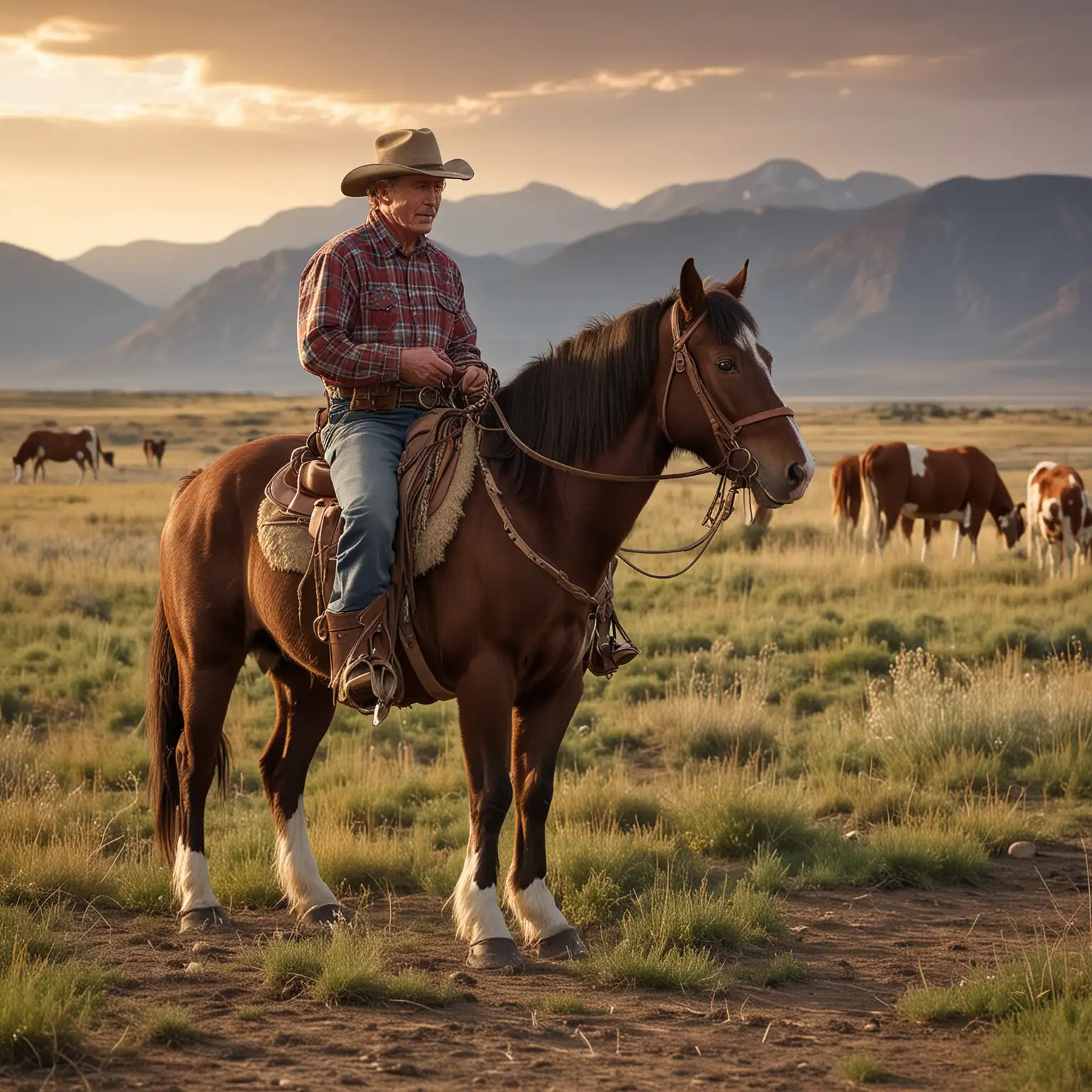 The picture captures a heartwarming scene from the 'good old times' in the American West. A rugged cowboy, clad in a weathered hat, a plaid shirt, and chaps, sits atop a sturdy, chestnut horse. His well-worn boots rest in stirrups as he gently adjusts his lasso, exuding a calm yet focused demeanor. Behind him, a small herd of cattle grazes peacefully on the open prairie, their rich brown and white coats blending harmoniously with the golden hues of the grass. The landscape is vast and breathtaking, stretching out to meet a horizon where the setting sun casts a warm, amber glow. Mountains rise faintly in the distance, their silhouettes softened by a hazy sky. The cowboy’s faithful dog, a border collie, stands nearby, its attentive gaze fixed on the herd, ready to spring into action at a moment's notice. Nearby, a wooden wagon is stationed with basic supplies—saddlebags, a water canteen, and a coiled rope. The scene is serene, with a soft breeze rustling the grass and a distant sense of adventure in the air. It evokes a simpler, hardworking life, deeply connected to the land and the rhythm of nature.