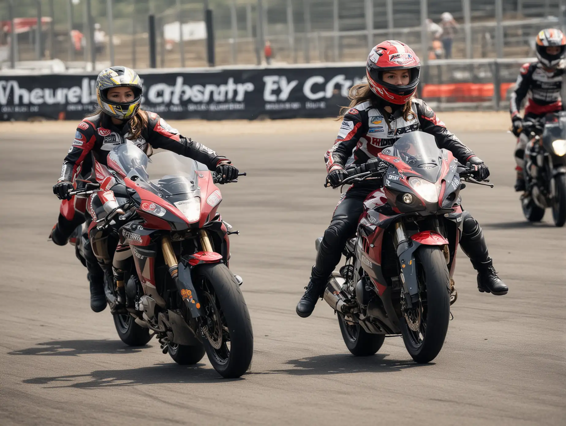 girl motorcycle racers race for victory at race circuit