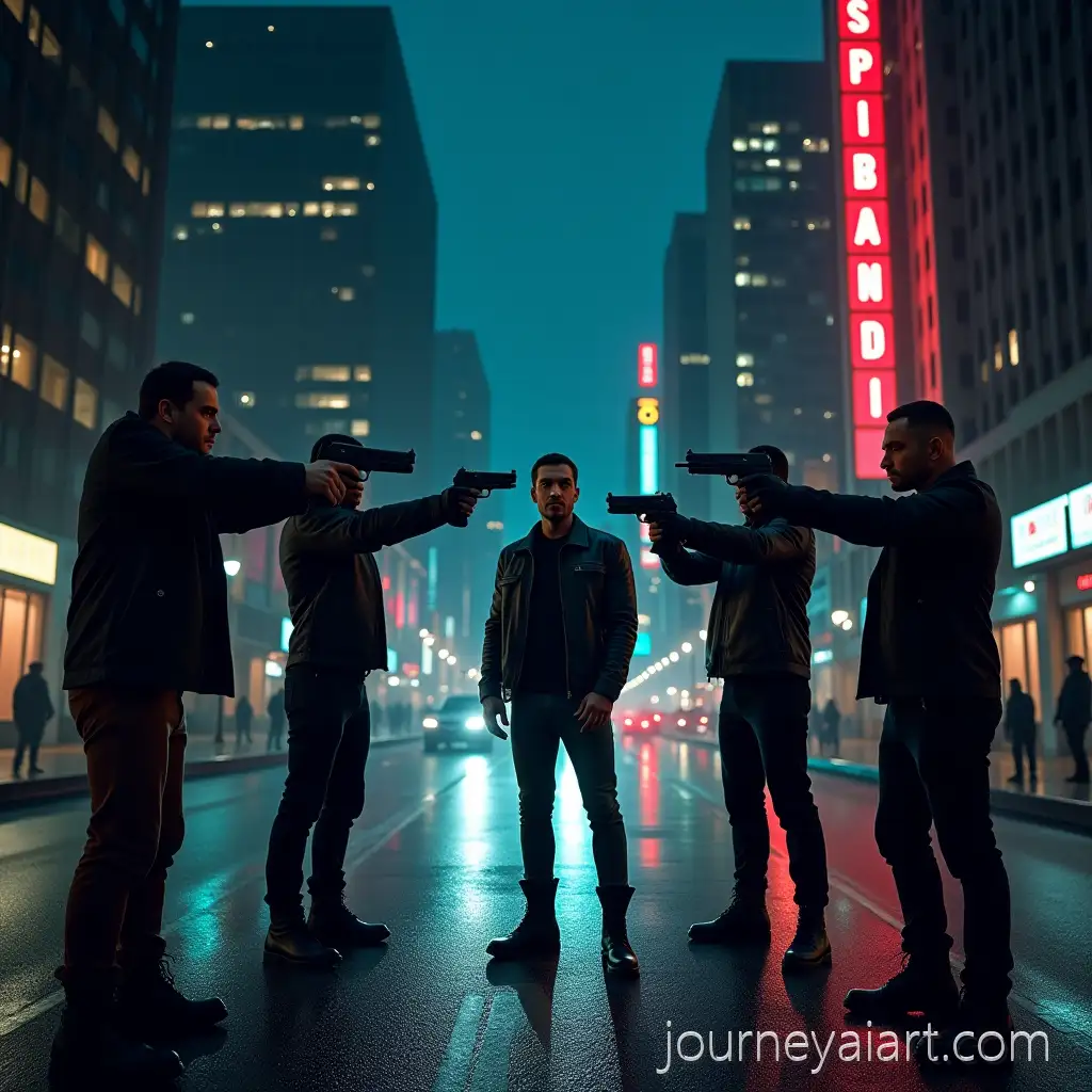 Five-Armed-Men-Confronting-a-Defiant-Man-in-Urban-Street-at-Night