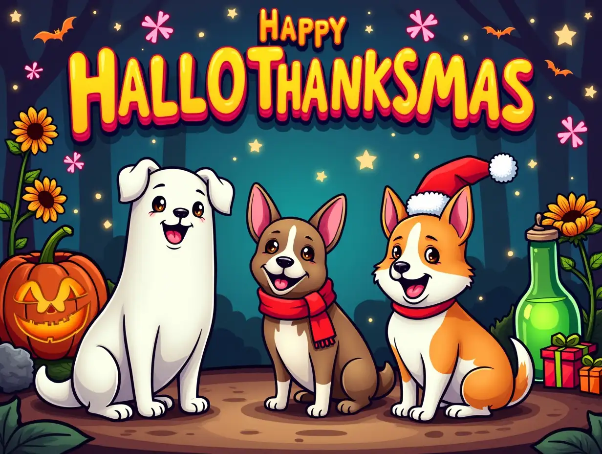 Vector illustration, Art style: stained glass. Create a whimsical and vibrant illustration featuring three adorable dogs celebrating Halloween, Thanksgiving, and Christmas. The first dog is a friendly ghost standing by a gravestone. The second dog, a joyful French Bulldog, wears a bright red scarf. The third dog is a cheerful Corgi in a Santa hat. In the background, include colorful elements like a carved pumpkin with a playful face, a glowing green potion bottle, sunflowers, and green and red wrapped presents. Add floating snowflakes and bats for a magical touch. The text 'Happy Hallothanksmas' should be bold and festive, featuring orange, pink, and green colors. The overall look should be cartoonish and playful, with bright colors and strong contrasts, perfect for a cheerful holiday spirit.