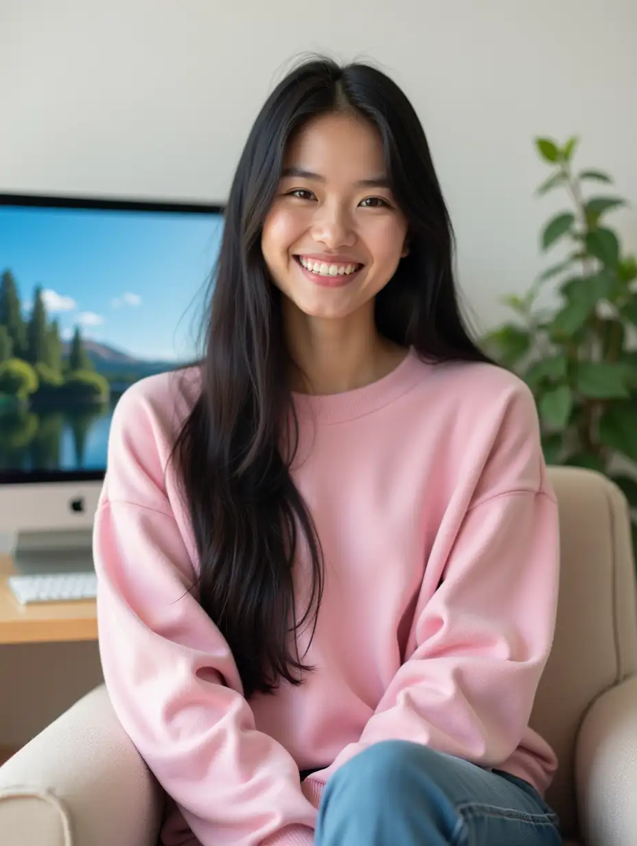 Young-Woman-in-Casual-Sweater-Sitting-Comfortably-with-Serene-Landscape-on-Screen