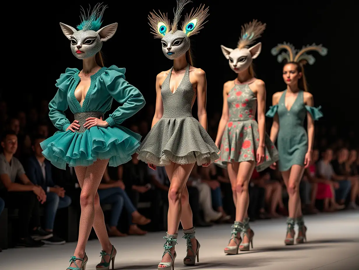 Ki-Fantasy, a mix of man-, cat- and peacock head design with beautiful shoes at a fashion show