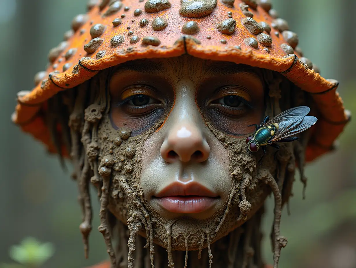 Face transformed into building with brown Fly Agaric roots