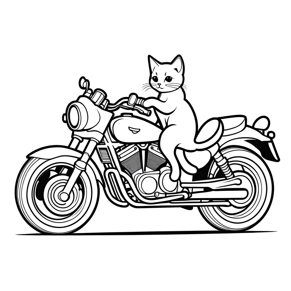 Cute kitten riding a motorcycle, Coloring Page, black and white, line art, white background, Simplicity, Ample White Space. The background of the coloring page is plain white to make it easy for young children to color within the lines. The outlines of all the subjects are easy to distinguish, making it simple for kids to color without too much difficulty