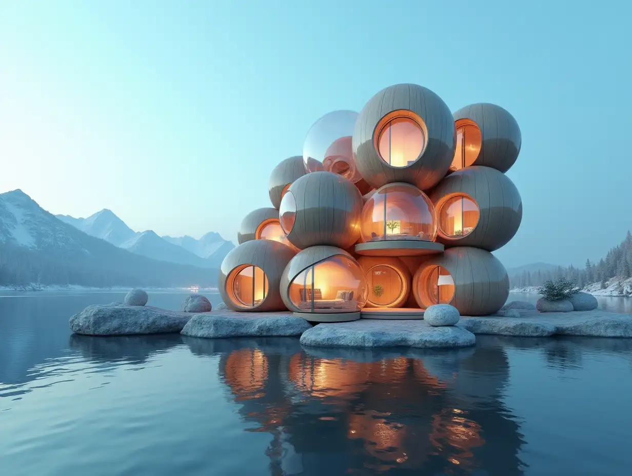 A future multi-story house made of many wooden lit glass balls and wood lies on the water blue sky bright environment mountains in the background