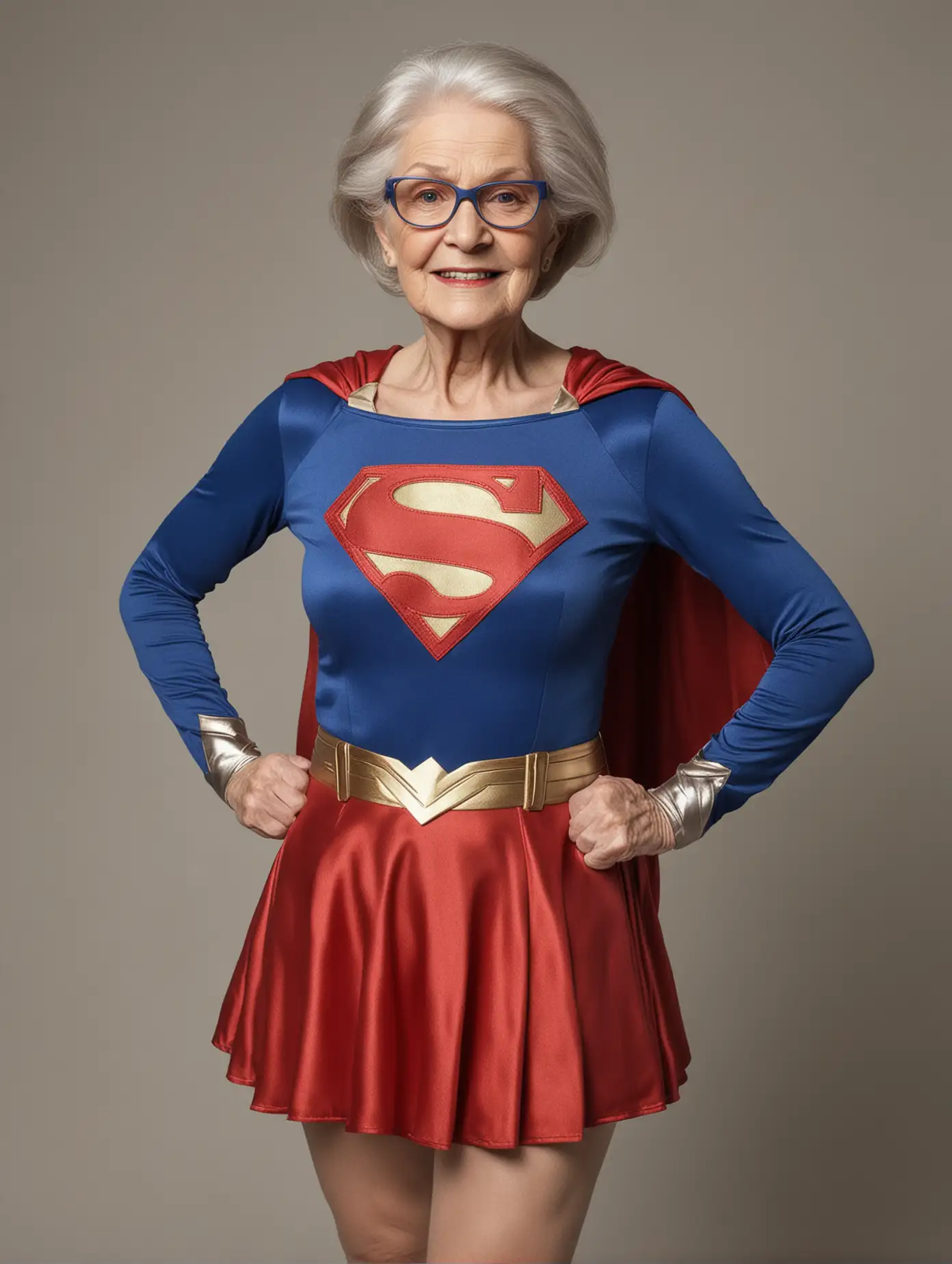 80 year old woman, wearing Supergirl costume