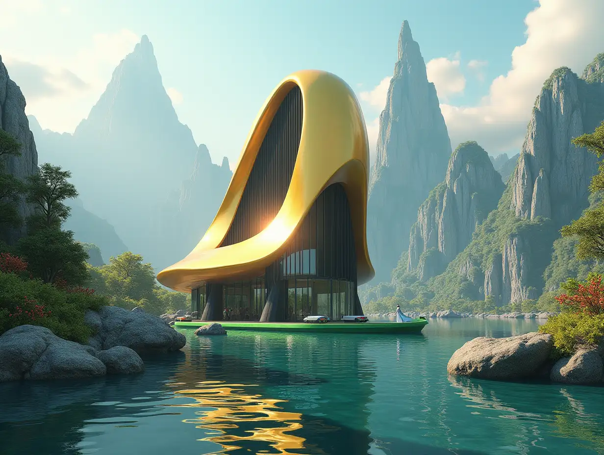 Create a high-resolution realistic image in 4k resolution a futuristic gold with black building with curved pillars, mountains large trees, rocks flowers a futuristic green boat with glass window cloudy sky