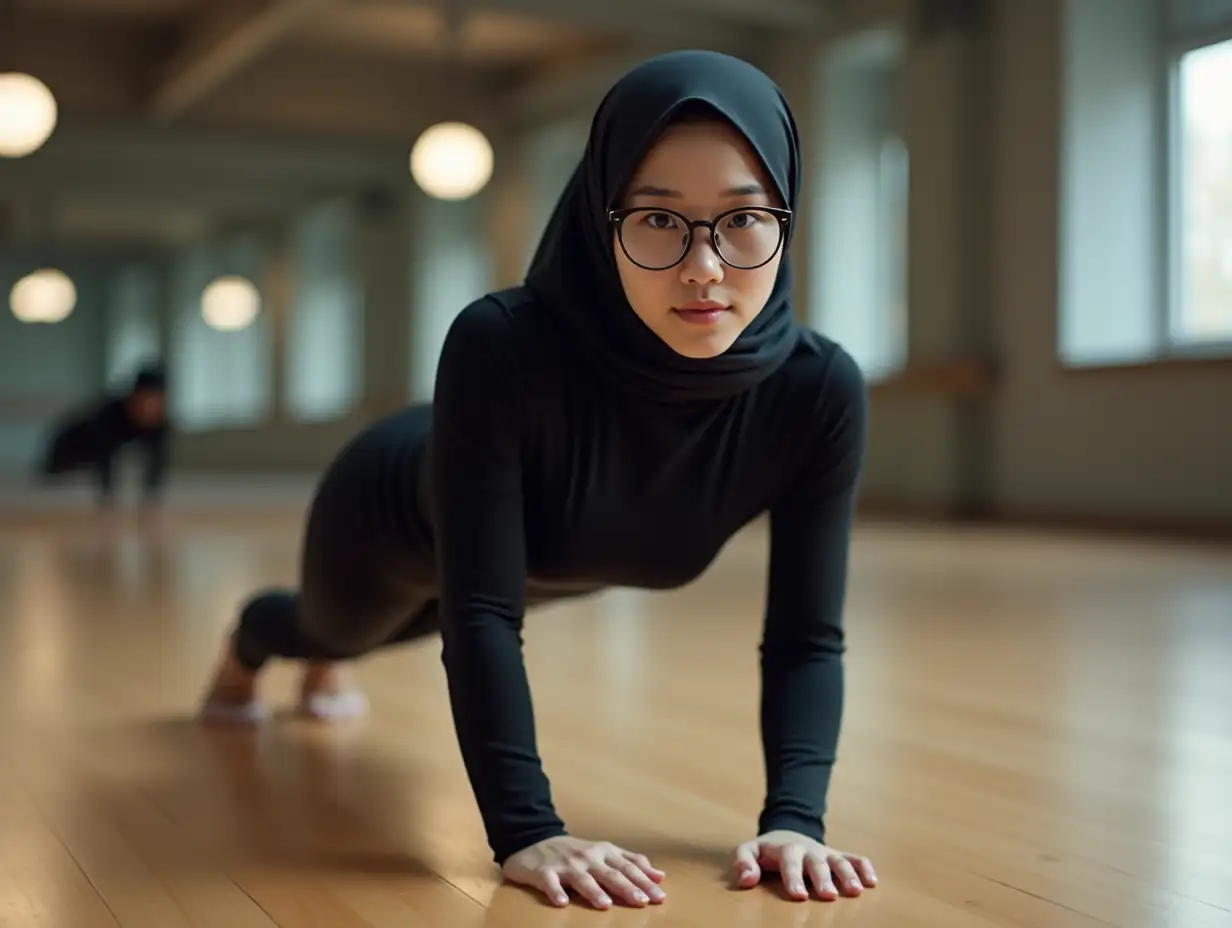 Serene-Asian-Woman-in-Black-Hijab-Performing-PushUp-in-Dance-Studio