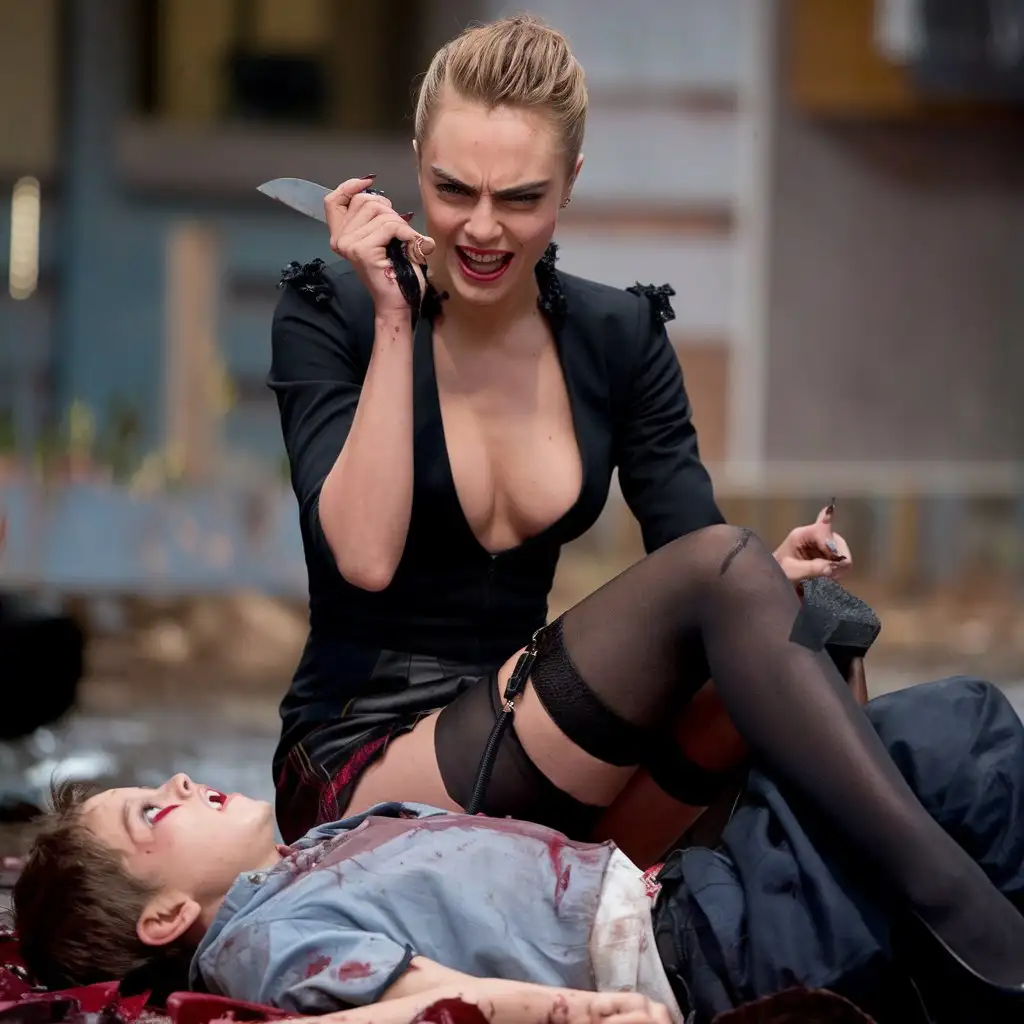 "Basic Instinct" film. Cara Delevingne as the main villain, stockings, contemptuous haughty grimace,  miniskirt, deep neckline, high heels, Sitting on the body of a murdered boy victim, Knife in hand, photo, cinematic, 4k