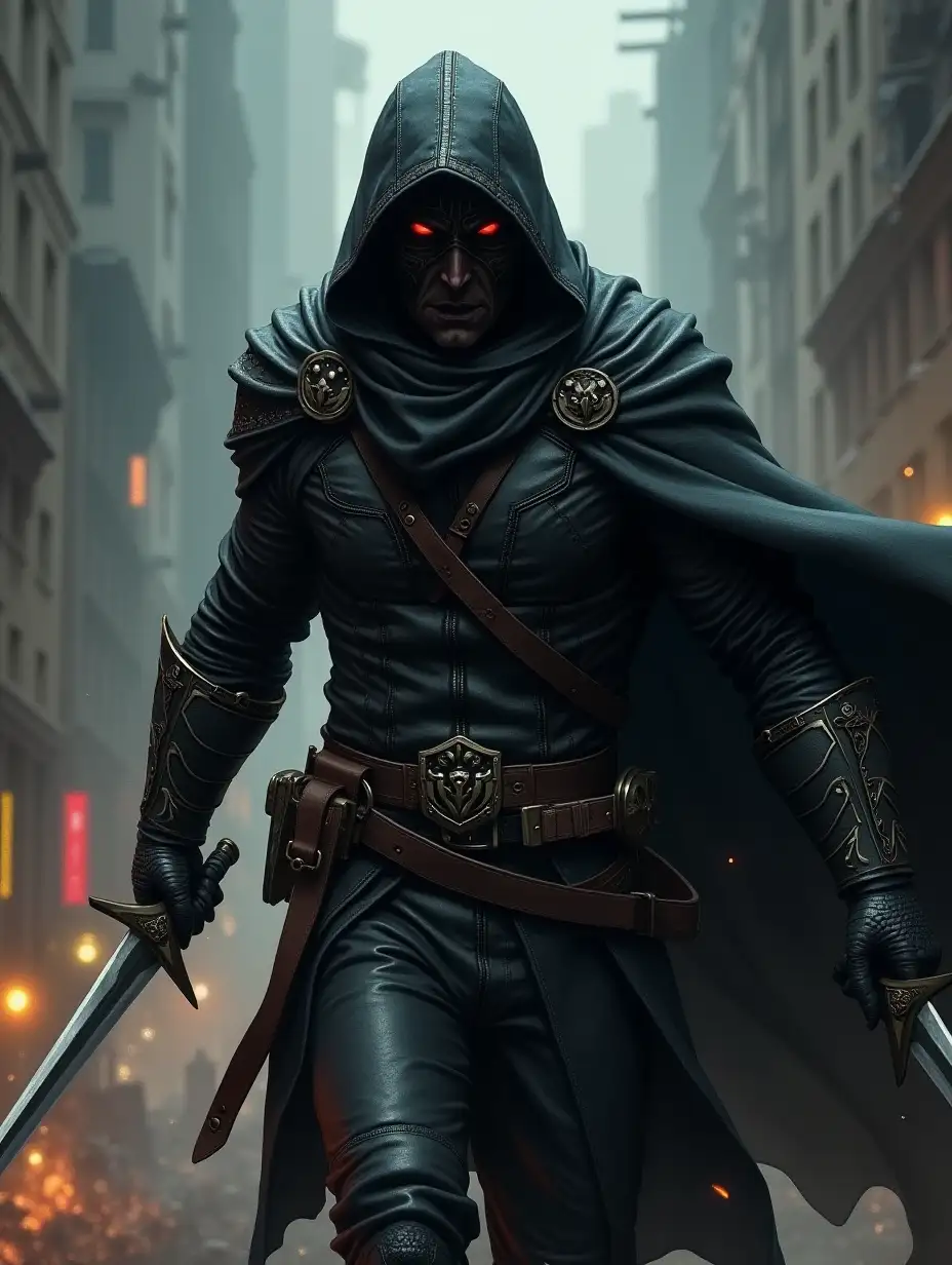 dark hunter, black leather armor, hood, glowing eyes, cloak, holding two blades in a hands, moving action, dynamic composition, grim look, darkwave, oiled painting, artist vision, destroyed city background, dynamic angle