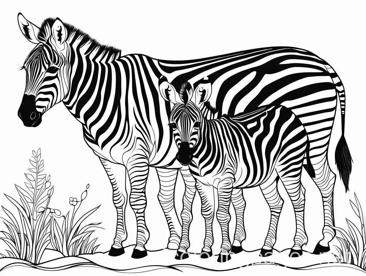 Happy-Zebra-Family-Grazing-and-Drinking-in-Grasslands-Coloring-Page