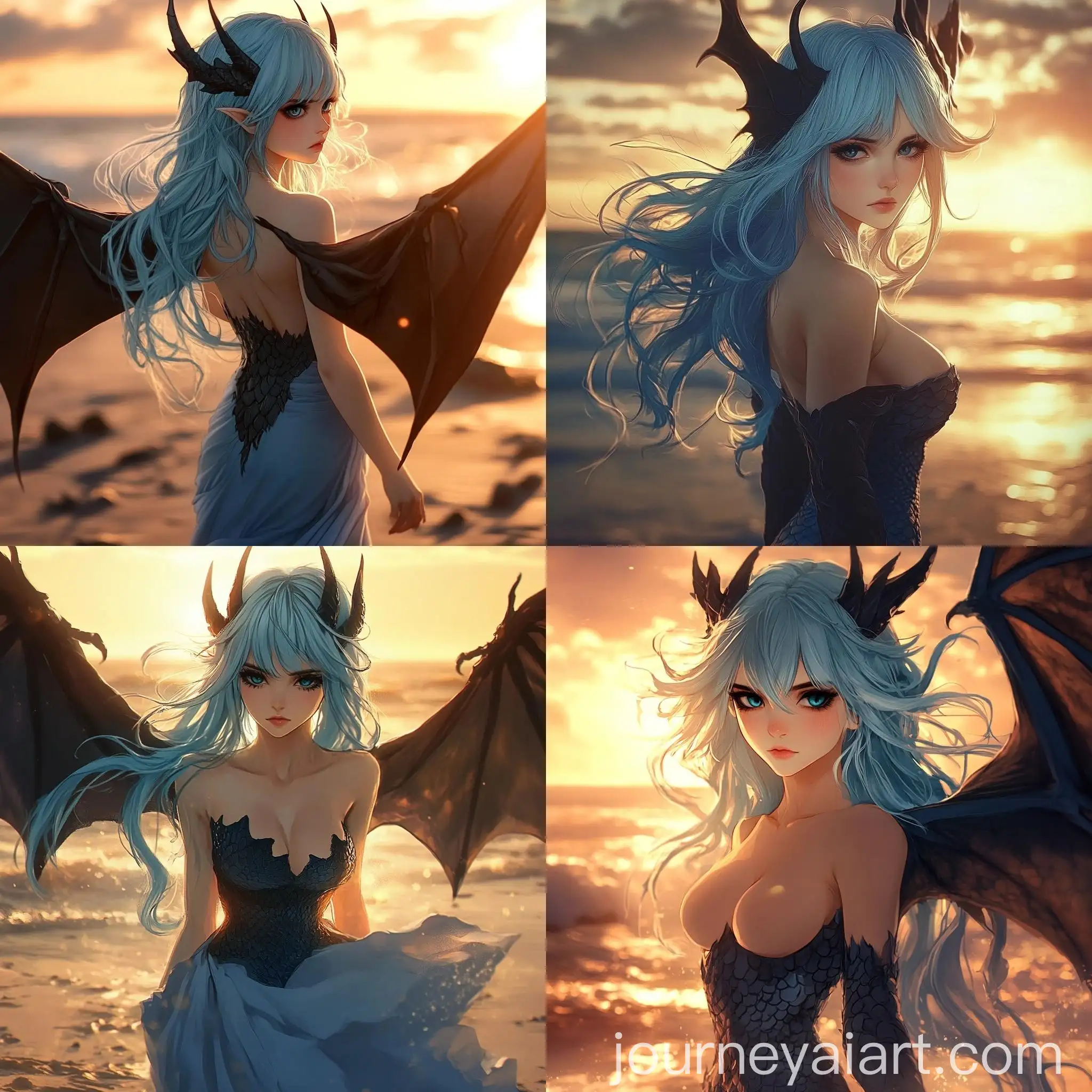 Anime-Girl-in-Princess-Dress-Walking-on-Beach-at-Sunset