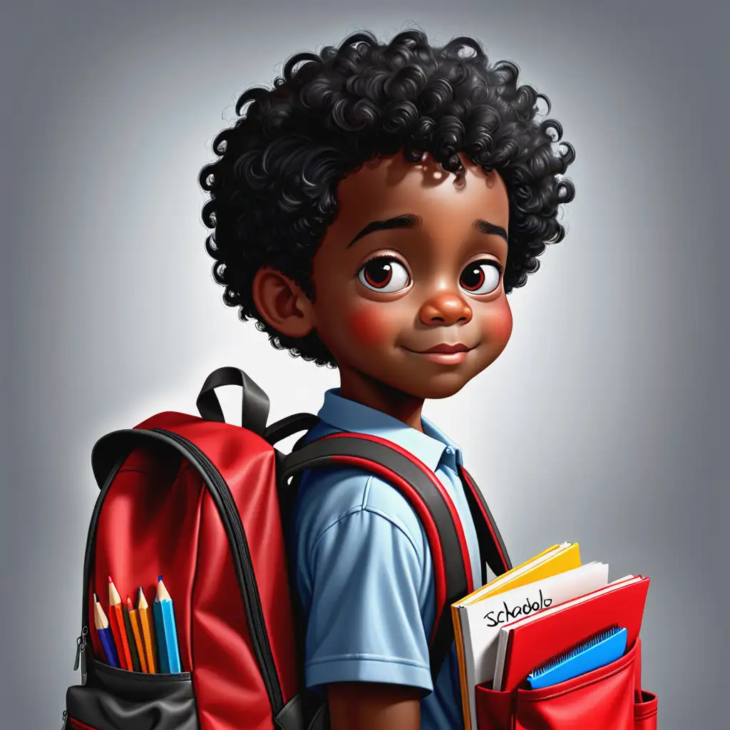 Young African American Boy with Open Red School Bag and Supplies