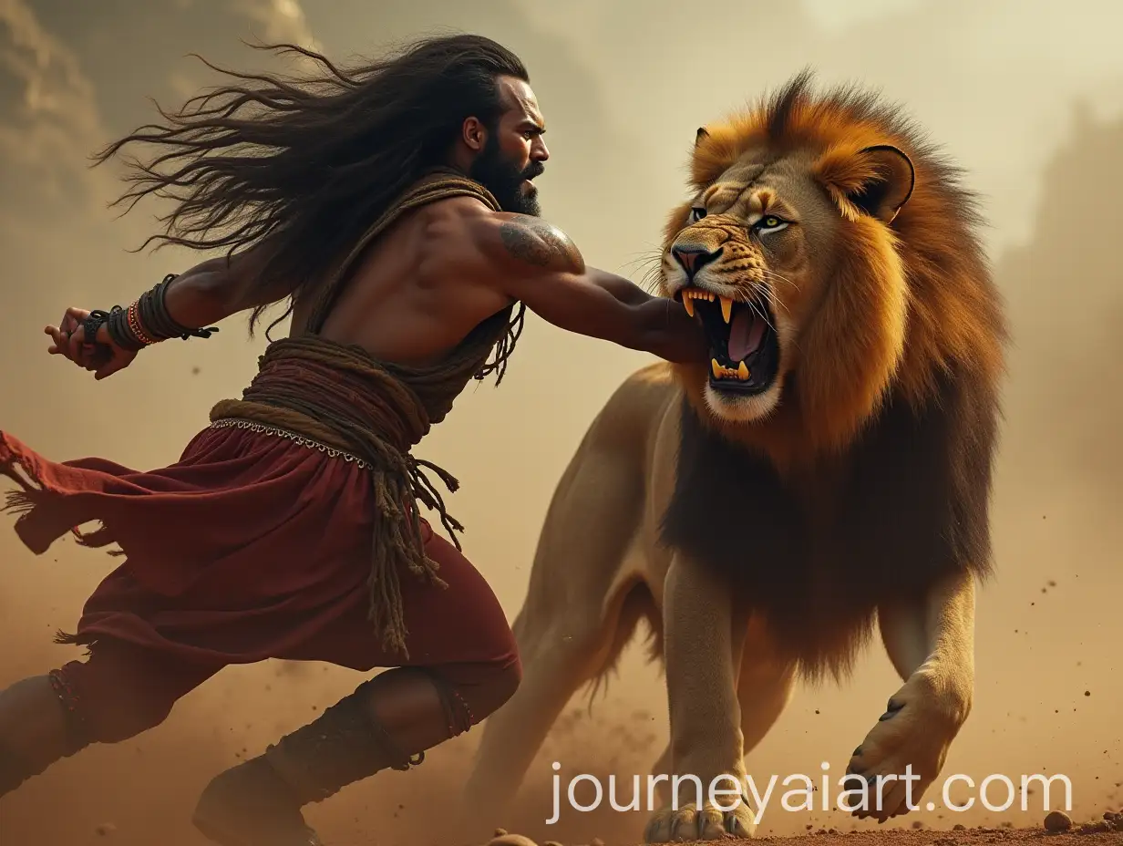 DarkSkinned-Warrior-in-Traditional-Indian-Attire-Fighting-a-Roaring-Lion