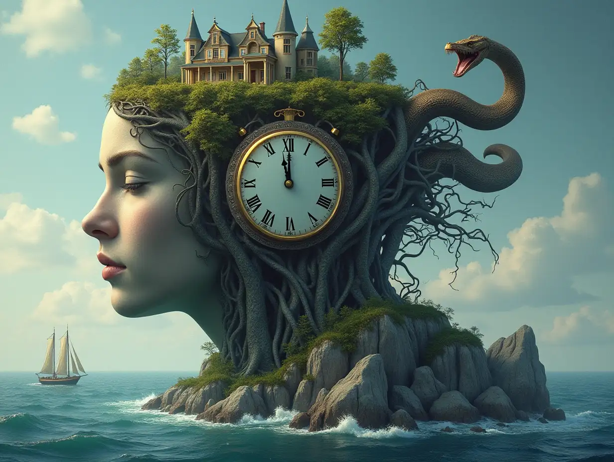 Face with hair transformed into a building with lit up clock and roots on an island with sea, sailboat, giant snake with large stones and big waves