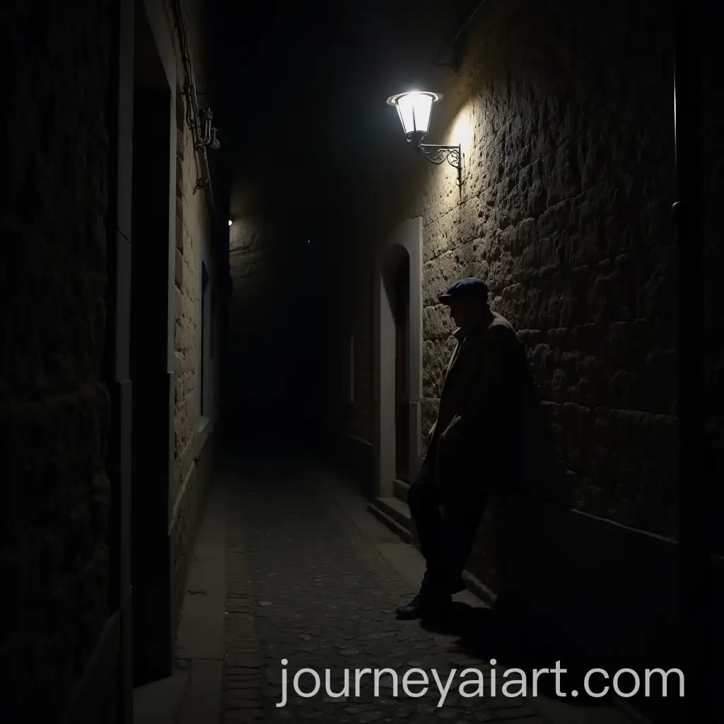 Mysterious-Man-Leaning-in-Dark-Alley-Under-Streetlamp-at-Night