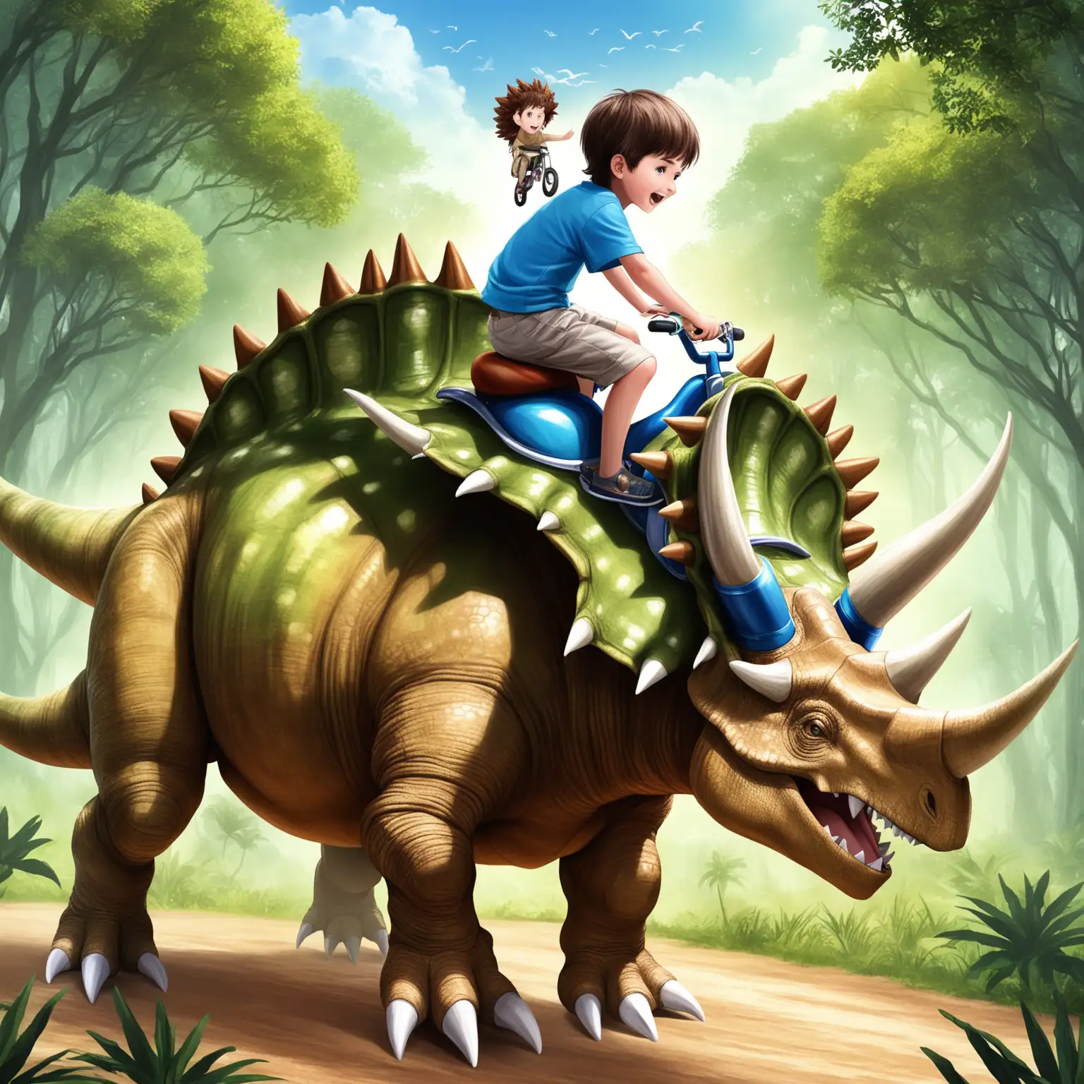 a boy riding on a Triceratops