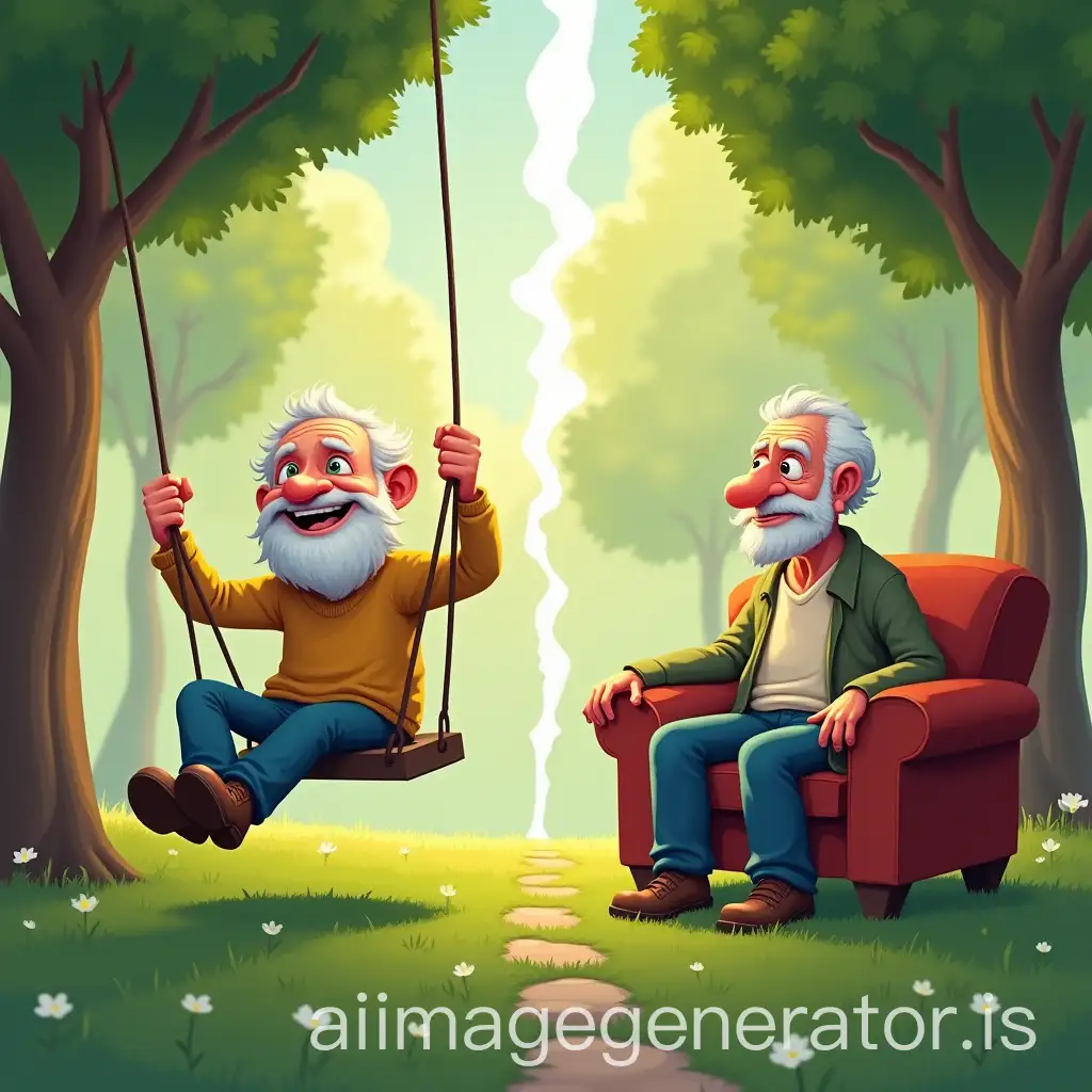 Happy-and-Depressed-Old-Man-in-Park-and-Sofa-with-Green-Hope-Theme