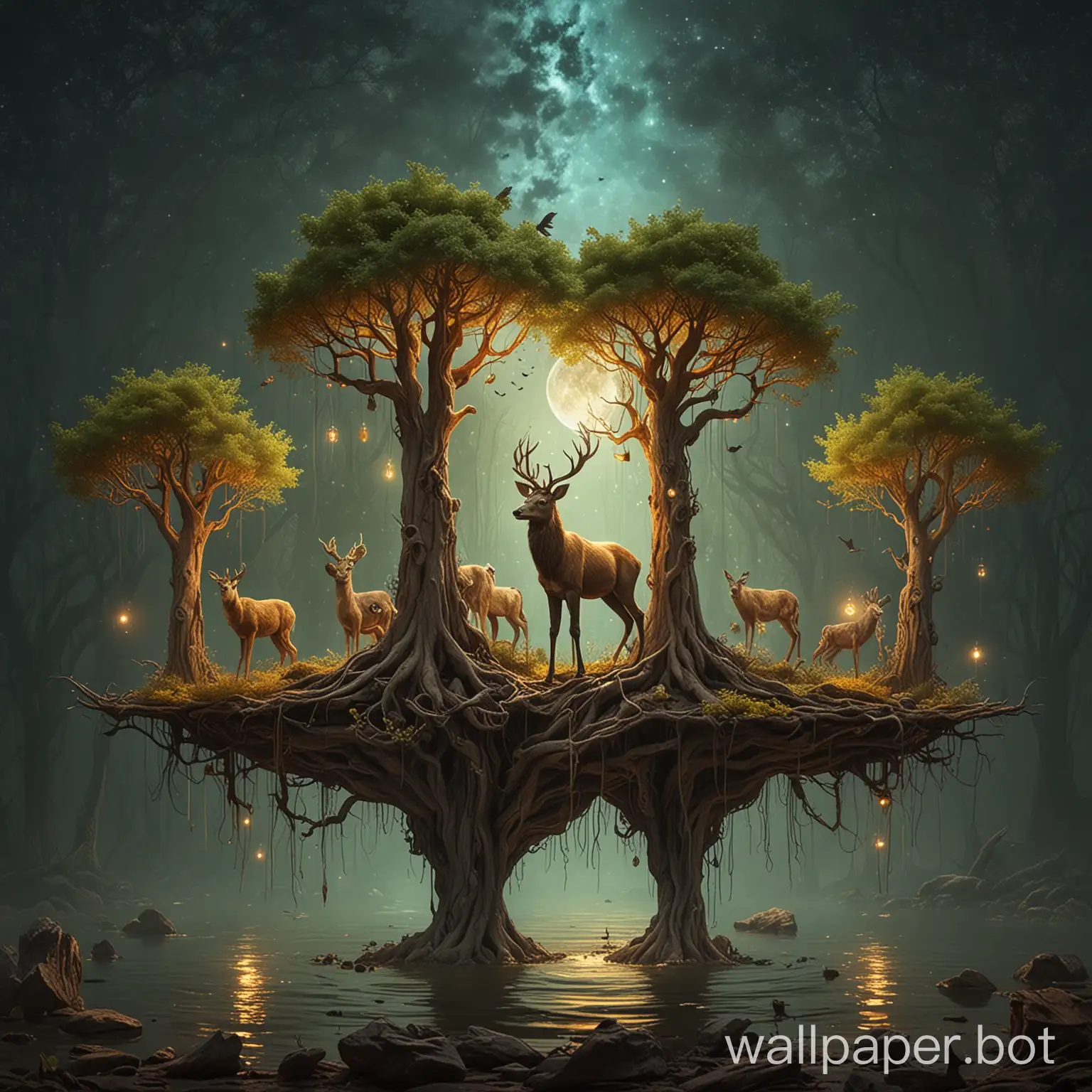 rustic, nature, glowing trees, mystic animals, floating earth