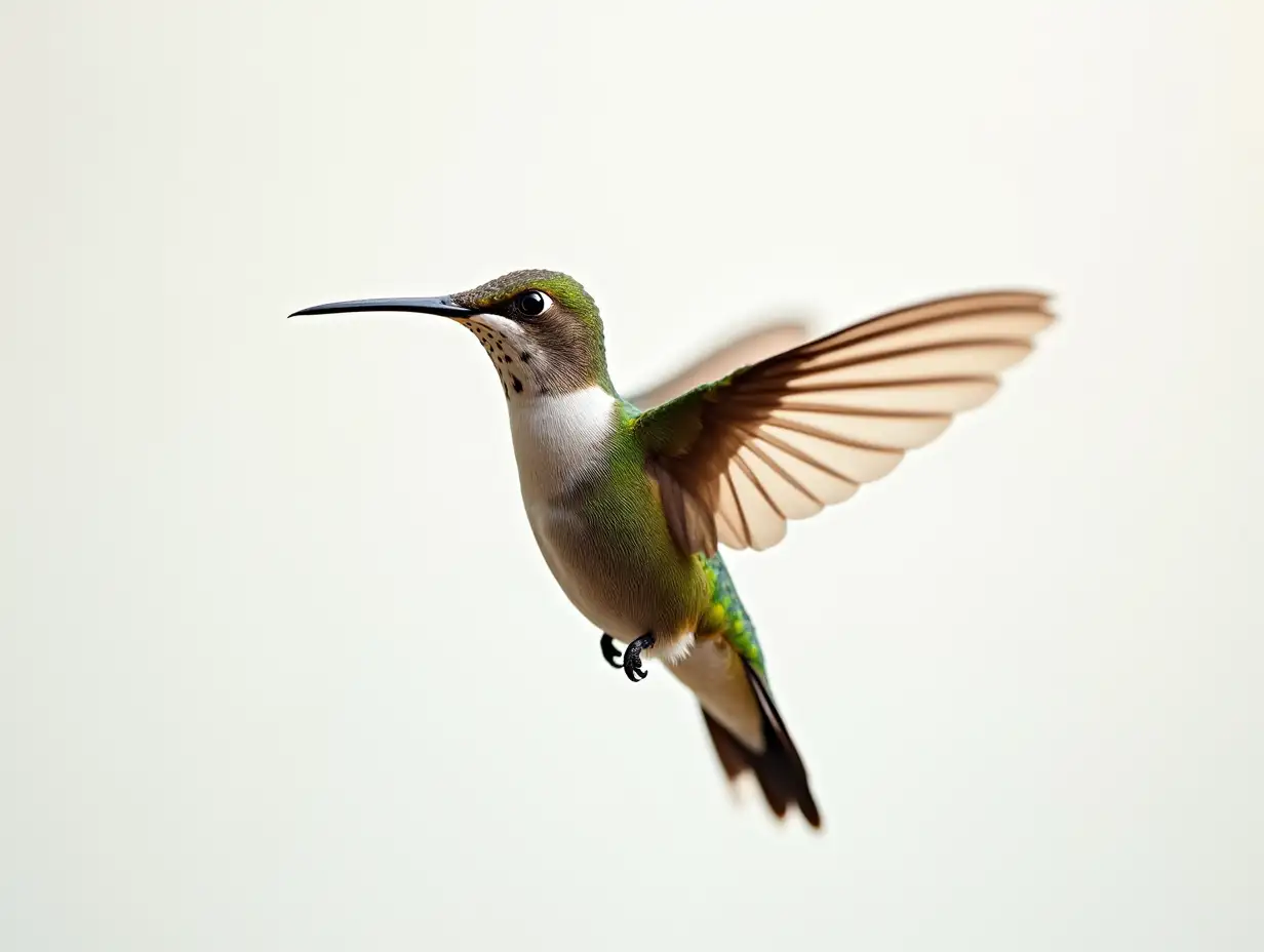 Photorealistic image of beautiful hummingbird on a white background. Close-up of hummingbird, uhd, 128k, glossy, whimsical