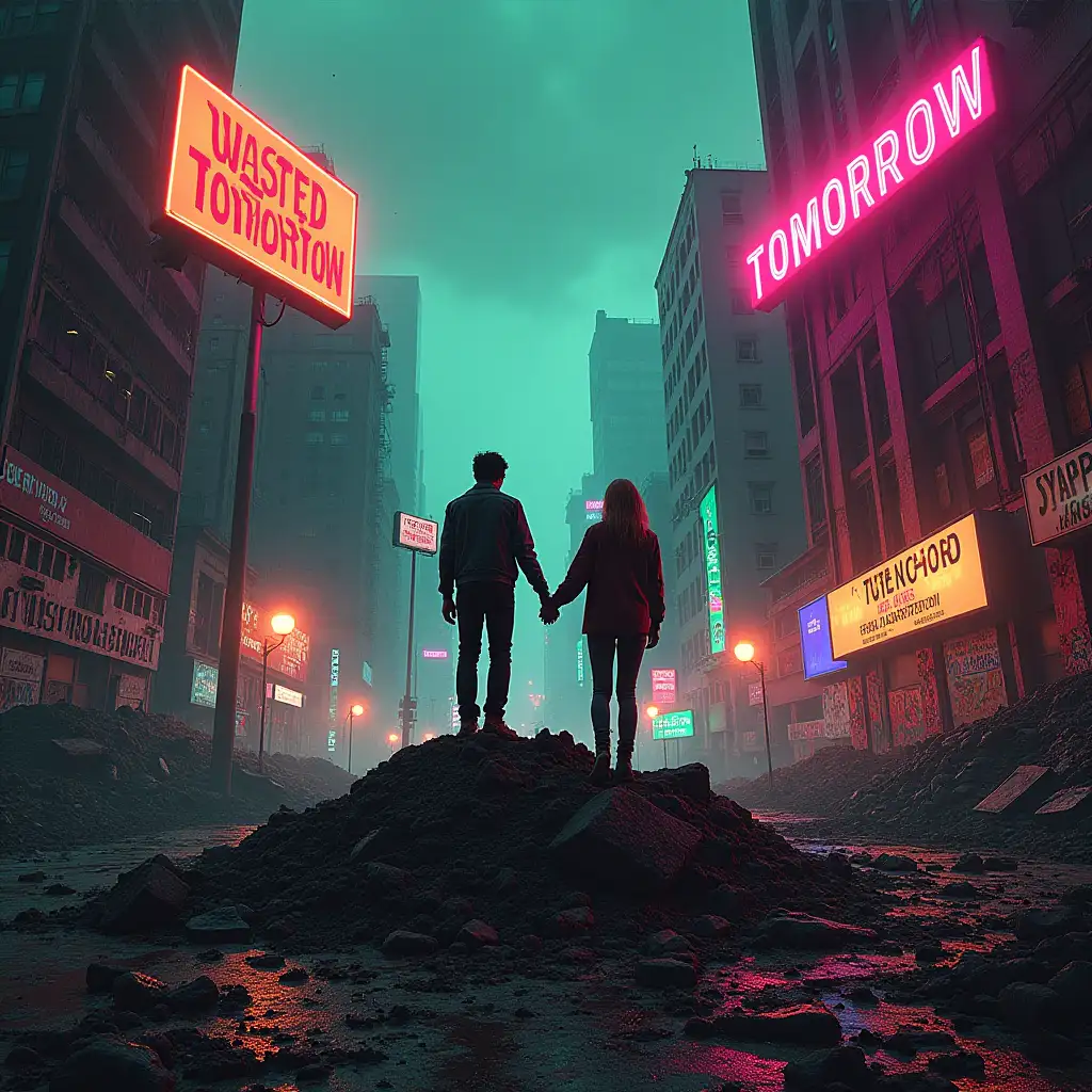 Create a montage of exaggerated chaotic setting album cover for Wasted Tomorrow with classic mood, capturing the raw energy of punk and the theme of defiance against a bleak future. The scene should feature a dystopian cityscape, with crumbling buildings and torn billboards, bathed in neon lights and a hazy, polluted sky.nnIn the foreground, a couple holding hands can stands on a pile of rubble, defiantly facing the chaos. Surrounding them are signs of rebellion—scattered graffiti, broken TVs displaying static, and flames licking at the edges.nnThe color palette should mix dark, moody tones—grays, blacks, and deep purples—with sharp, vivid accents of neon green, electric pink, and fiery orange to highlight the vibrancy of rebellion amidst the decay. The overall style should feel raw, unapologetic, and full of explosive energy, inviting listeners to embrace the chaos and live for the moment.