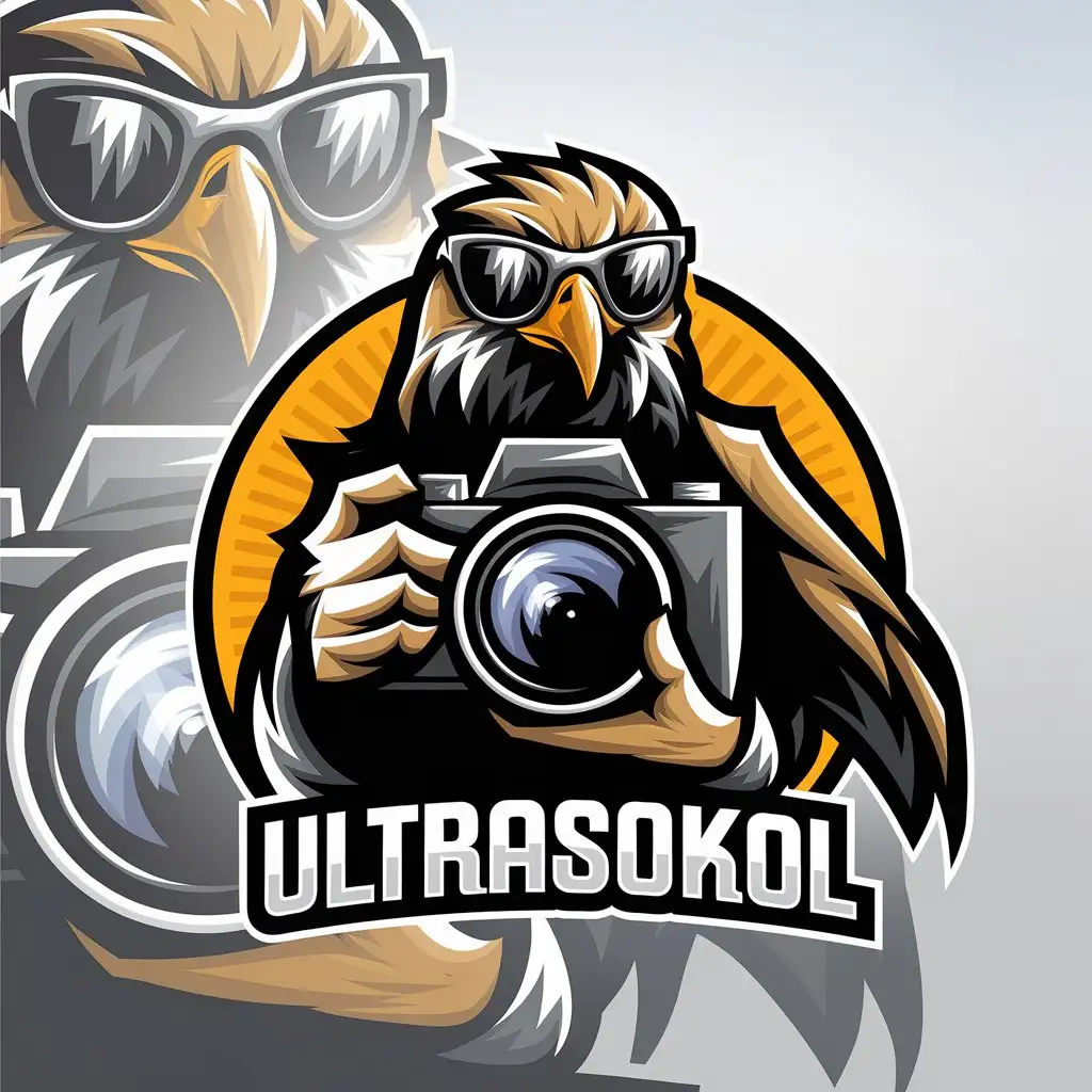 a vector logo design,with the text "ultrasokol", main symbol:bird hawk with sunglasses with camera inside sun ultraviolet,complex,be used in photo industry,clear background