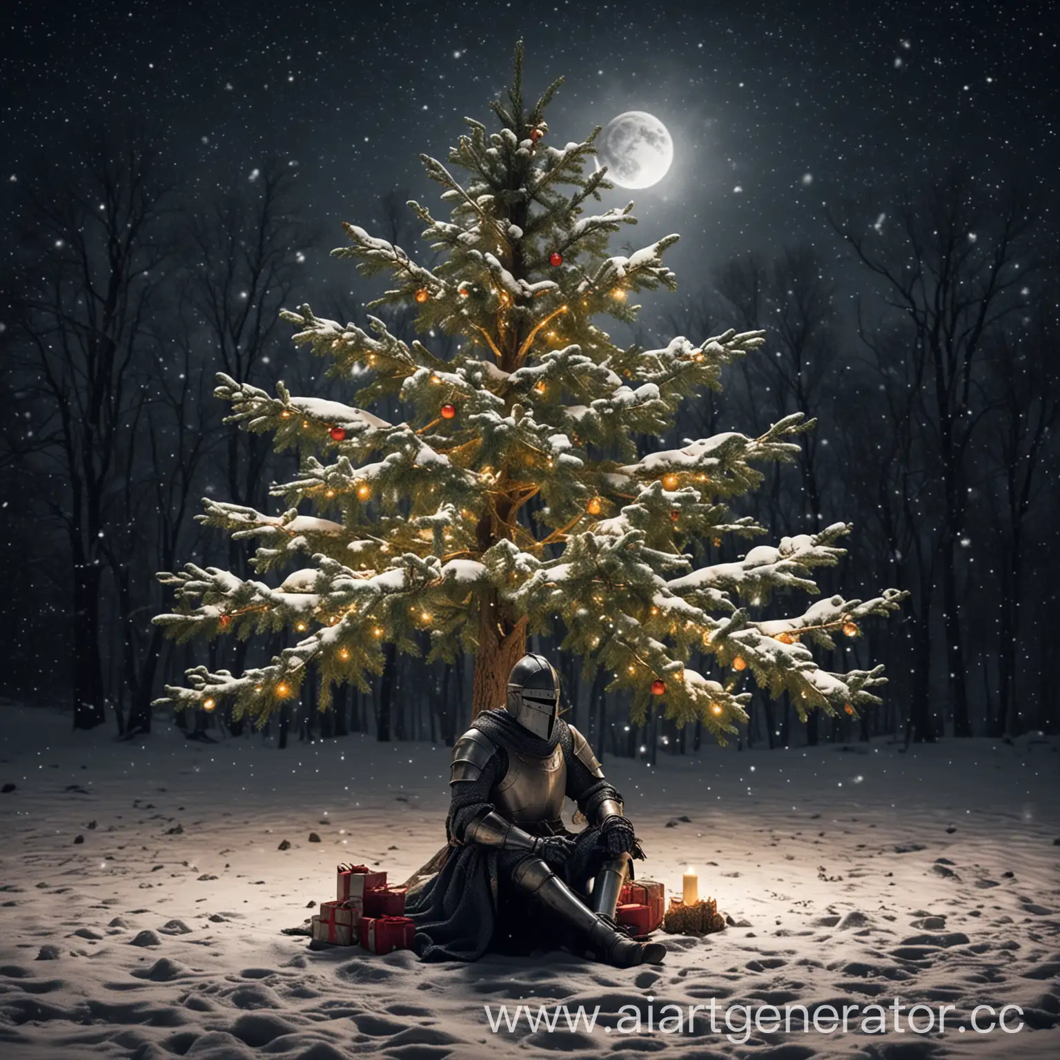 Knight-Sitting-Under-Christmas-Tree-in-Snowy-Night-with-Moonlight